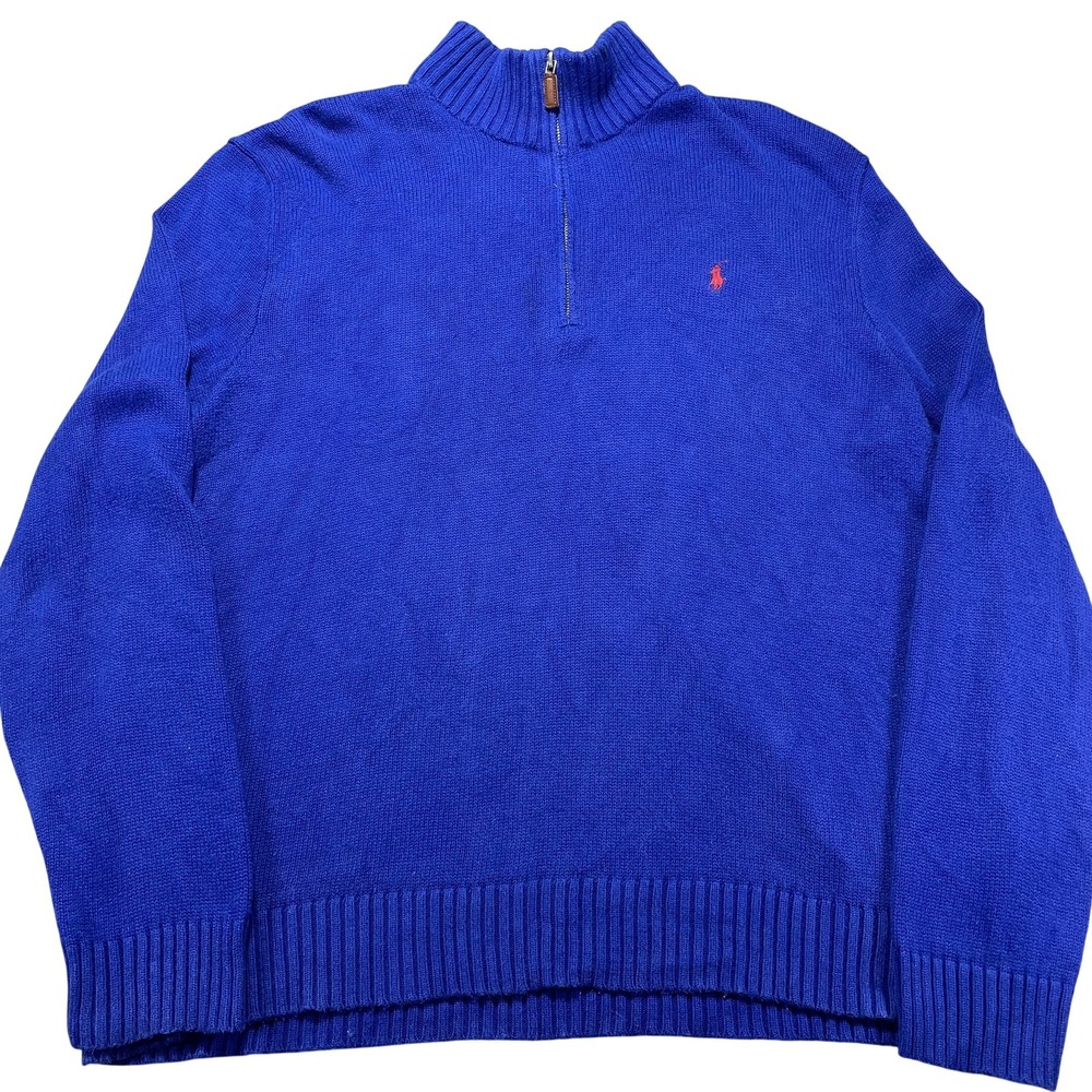 Polo By Ralph Lauren Sweater Mens XL Blue Cotton 1/4 Zip Mock Neck Pullover Logo